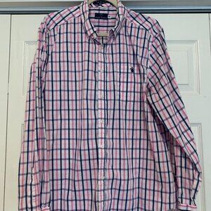 Men's Simply Southern Plaid Long Sleeve Button Up White Navy Pink Shirt XL